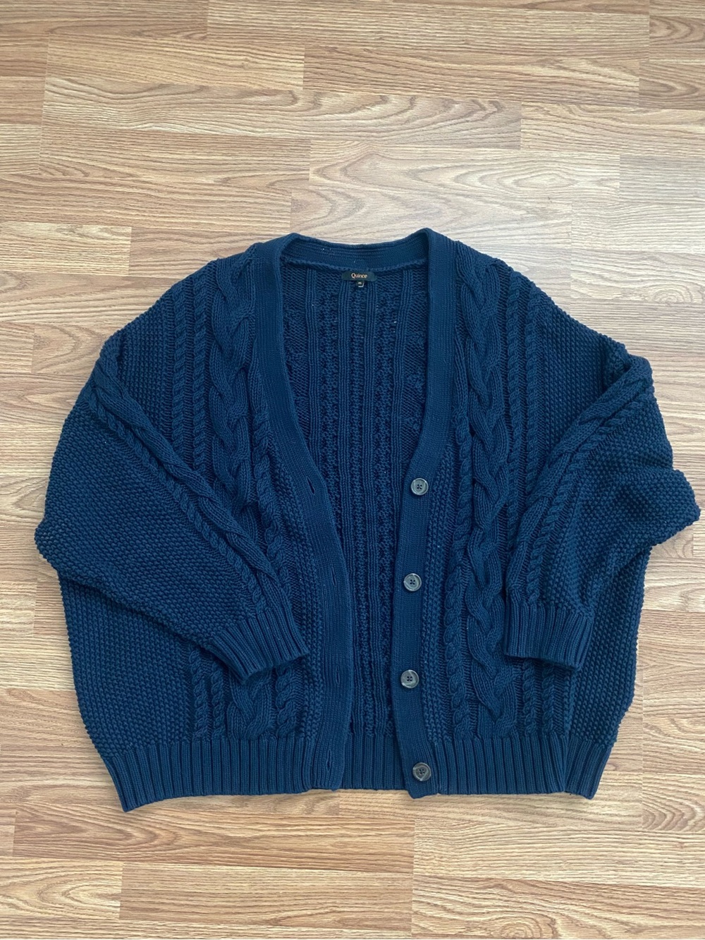 Quince Navy Cable Knit Button-Up Cardigan Sweater